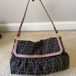 Fendi Brown Monogram Shoulder Bag with Tan Trim and Strap